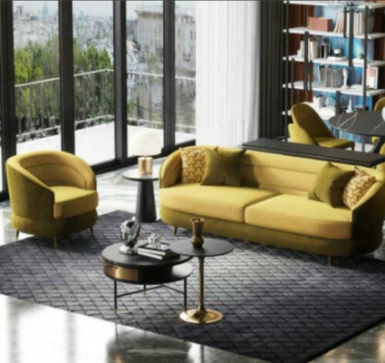 Design Couch Lounge Sofas Velvet Sofa Set 3+1 Seater Sofa Living Landscape Yellow