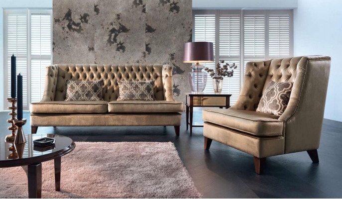 Sofa set 3-seater armchair Chesterfield modern fabric brown 3-piece