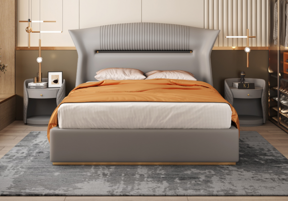 Gray leather bed design bedroom furniture double bed luxury hotel