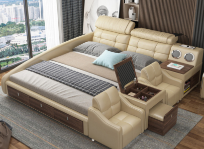 Leather bed, upholstered double multifunction 180x200 leather bed frame design