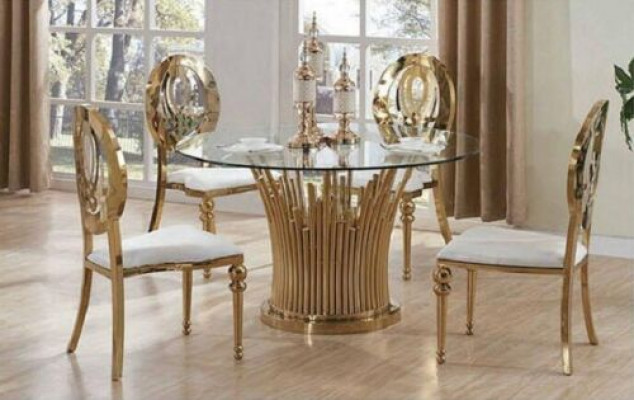 Round Stainless Steel Table Five-piece Round Dining Room Table + 4 Chair Set