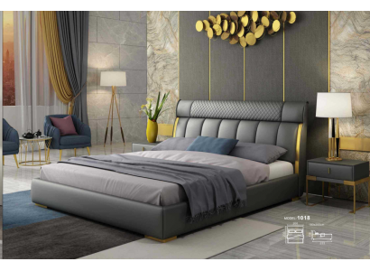 Modern gray leather bedroom with golden stainless steel inlays
