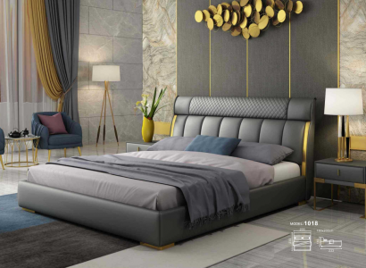 Modern gray leather bedroom with golden stainless steel inlays