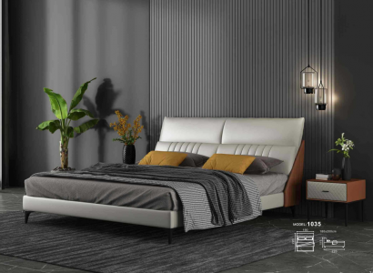 Designer bed in bedroom, beds textile, leather, hotel, luxury upholstery, velvet, white, new