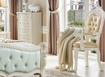 Beige upholstered chair with armrests Chesterfield chair luxury living room dining room seating furniture