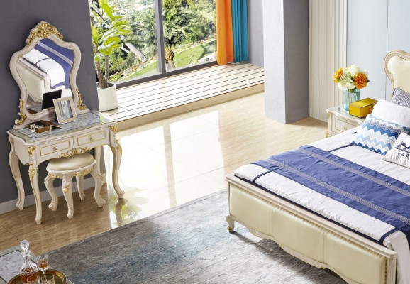 Classic Bed Bedroom Dressing Table Set Nightstand Stool 5-piece Solid Wood