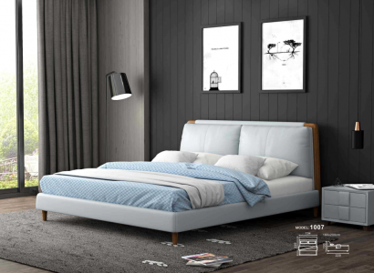 Modern double bed 180x200 in white leather design on wooden legs