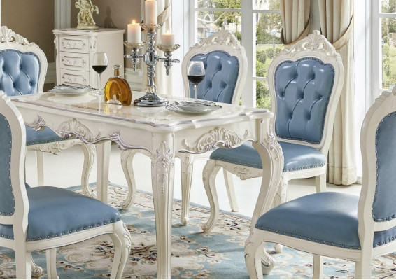 Classic white-blue dining room furniture designer dining table with Chesterfield leather chairs
