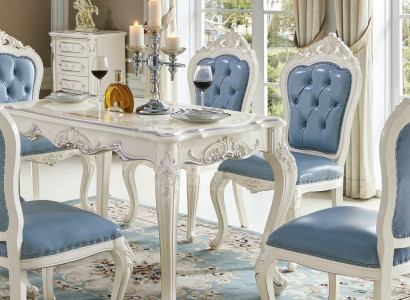 Classic white-blue dining room furniture designer dining table with Chesterfield leather chairs