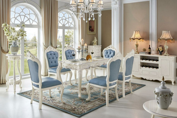 Classic white-blue dining room furniture designer dining table with Chesterfield leather chairs