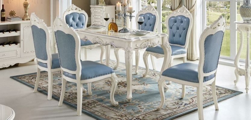 Classic white-blue dining room furniture designer dining table with Chesterfield leather chairs
