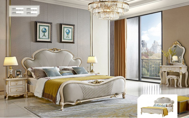 Dressing table, bed, 2x nightstands, 5-piece furniture bedroom set, solid wood.