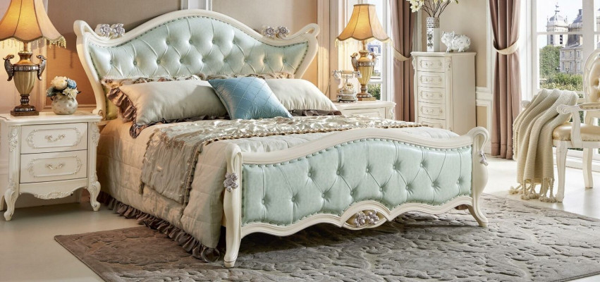 Design bedroom 5-piece set. Bed, nightstand, baroque wardrobe, solid wood.