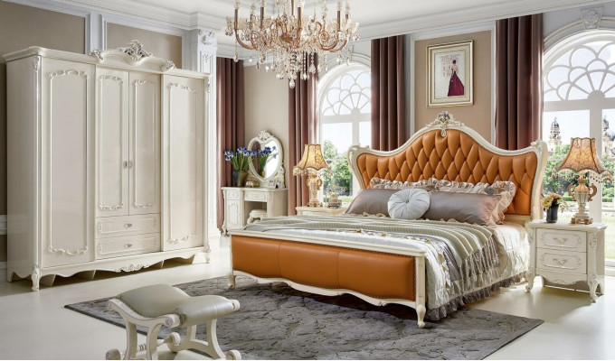 Beds leather bed 3-piece set 2x bedroom nightstand solid wood console