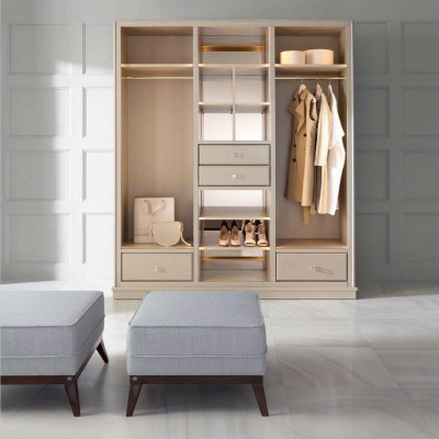Open wardrobe bedroom closet walk-in furniture cabinet wood beige