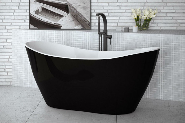 Black designer bathtub, freestanding luxury tub in black.