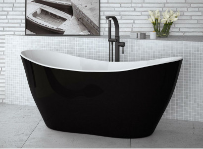 Black designer bathtub, freestanding luxury tub in black.