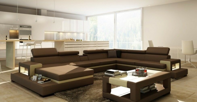 Leather sofa, corner sofa, U-shaped couch, living landscape, designer corner seat LEONARDO-B