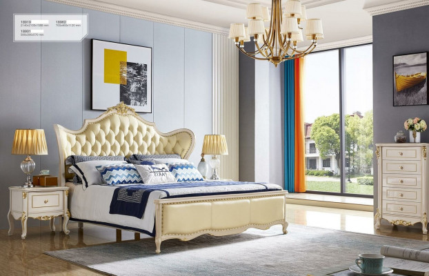 Luxury Bedroom Beds Nightstand 3-Piece Set Chesterfield Leather Solid Wood