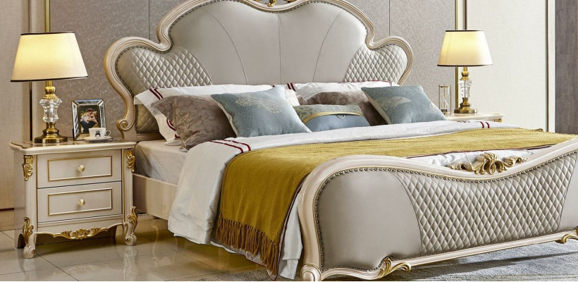 Classic furniture luxury bed 3-piece set with 2 bedside tables solid wood