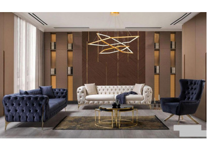 Blue Sofa Set Sofa Luxury Sofas Armchair 3+3+1 Seater Chesterfield Design Velvet