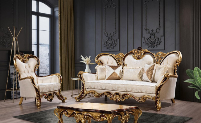 Sofa Set 3+1 Seater Gold Coffee Table Classic Living Room Set 3-piece.