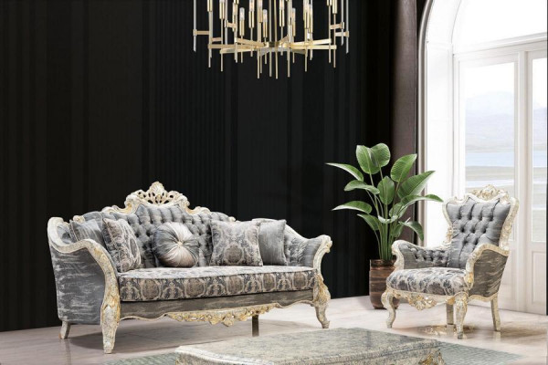 Baroque Sofa 3-Seater Gray Living Room Classic Design Sofa Couch Textile