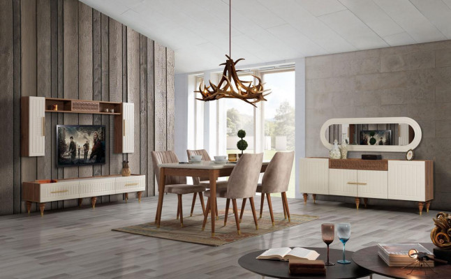 Dining room set complete set table 4x chairs dining group wood 11-piece brown