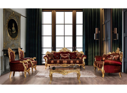 Bordeaux Red Sofa Set Couch Gold Classic Furniture Table 5-piece.