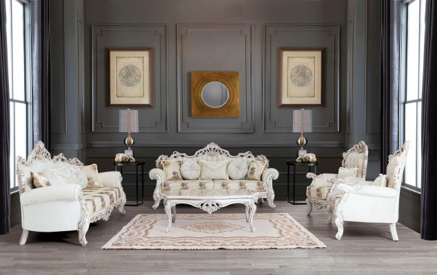 Baroque White Sofa Set Couch Sofa Upholstered Furniture Armchair Table 5-piece set.