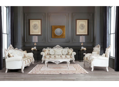 Baroque White Sofa Set Couch Sofa Upholstered Furniture Armchair Table 5-piece set.