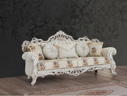 Baroque White Sofa Set Couch Sofa Upholstered Furniture Armchair Table 5-piece set.