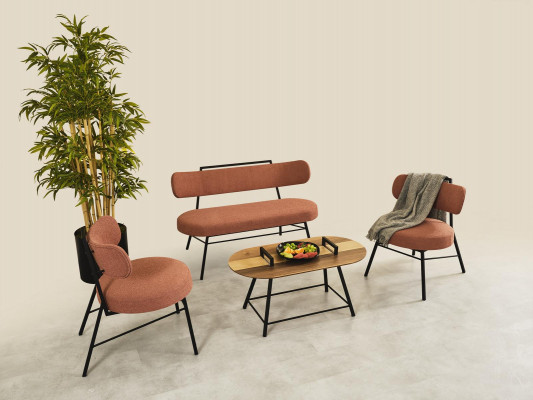 Set of 4 pcs. Bench, 2x chairs, coffee table, seat bench, textile, wood, designer