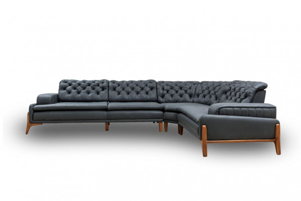 Luxury L-shaped corner sofa with music system, modern gray upholstered furniture, faux leather
