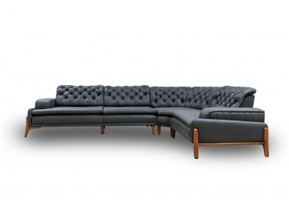 Luxury L-shaped corner sofa with music system, modern gray upholstered furniture, faux leather
