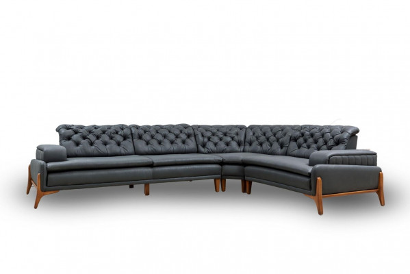 Luxury L-shaped corner sofa with music system, modern gray upholstered furniture, faux leather