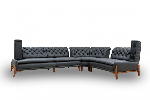 Luxury L-shaped corner sofa with music system, modern gray upholstered furniture, faux leather