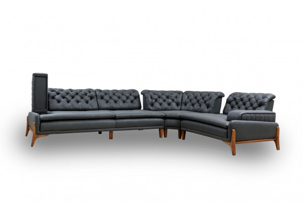 Luxury L-shaped corner sofa with music system, modern gray upholstered furniture, faux leather
