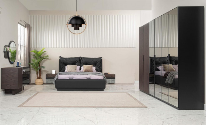 Double bed set bedroom bed nightstands black 6-piece set