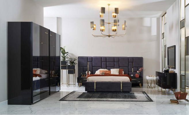 Design double bed frame luxury bedroom wood set 6-piece black