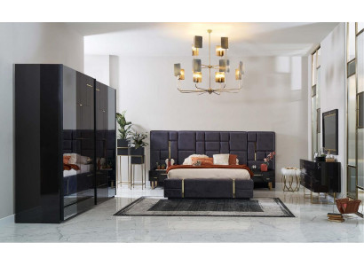 Design double bed frame luxury bedroom wood set 6-piece black