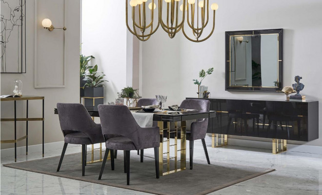 Luxury Dining Area Dining Room Dining Group Dining Room Furniture Set 9-piece Wood Black