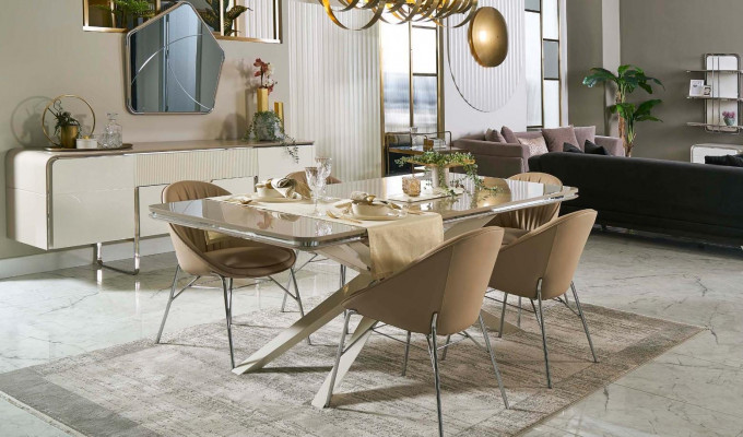 Modern dining set, wooden dining table, dining nook, beige dining room, 7-piece chairs