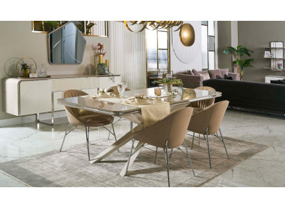 Modern dining set, wooden dining table, dining nook, beige dining room, 7-piece chairs