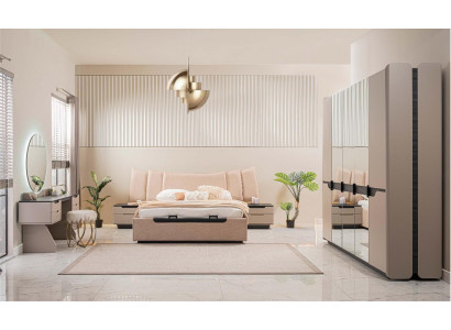 Complete Bedroom Double Bed Modern Beige Bed Set 6-piece Wardrobe