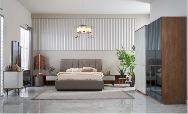 Bedroom set bed 5-piece double bed brown wood bed frame