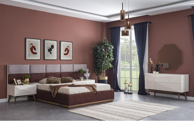 Modern bedroom furniture complete set design, bed 2x nightstands