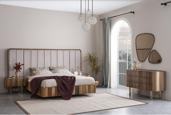 Bedroom set double bed modern 2x nightstands luxury dresser with mirror