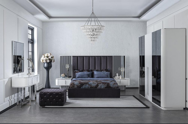 6-piece bedroom: bed, 2 bedside tables, luxury wardrobe, designer dressing table