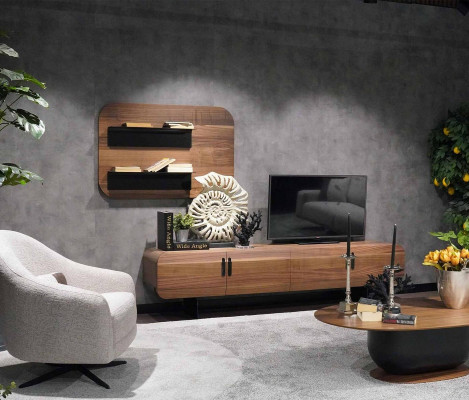 Living Room Wall Unit Complete Set Brown Furniture Wall Shelf New